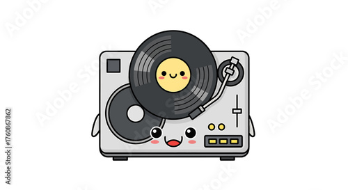A retro vinyl record player with a black record is classic turntable audio equipment for old music sound