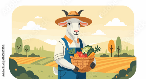 Goat Farmer Harvest Vegetables Fresh From Organic Farm Field