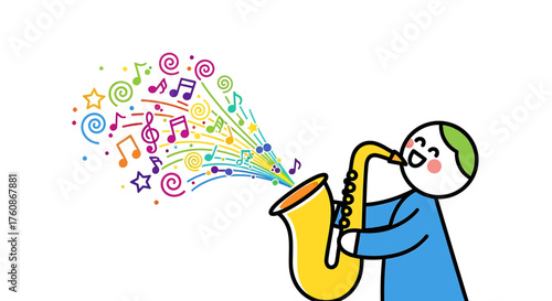 Joyful cartoon character playing a golden saxophone, releasing a burst of colorful musical notes and symbols.