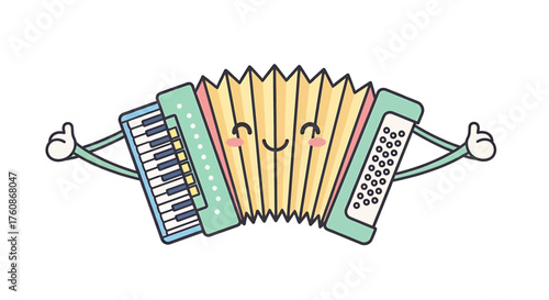 A cute cartoon accordion character with a smiling face and arms giving a thumbs up gesture.