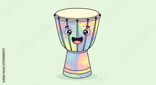 Cartoon djembe drum with a cute face and colorful stripes.