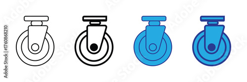 Four caster wheels in different styles outline, filled outline, solid blue, and detailed blue, isolated on white background