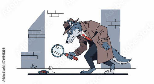 Wolfish Detective Investigating The Crime Scene With Magnifying Glass