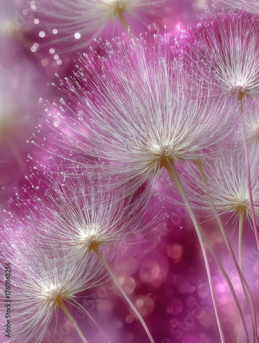 White dandelion seeds drift gently against a vivid pink backdrop decorated with dreamy bokeh lights, showcasing the beauty of natures design.
