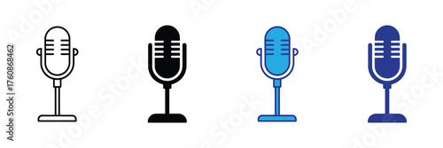 Collection of four microphone icons in different styles including outline, solid black, blue, and dark blue, isolated on white background