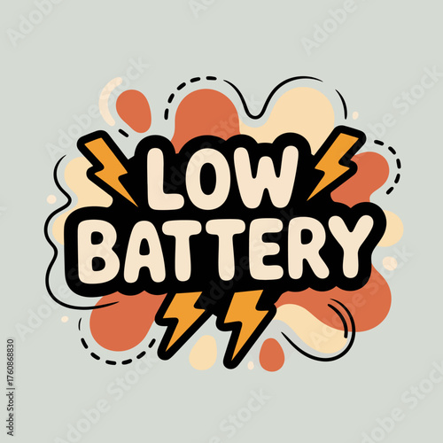 Dynamic low battery warning sticker design expressing urgency and power depletion with energetic bolts and abstract shapes vector