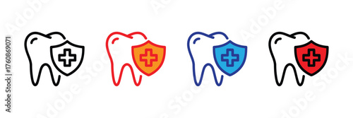 Set of four icons representing tooth protection with shields and crosses, isolated on white background
