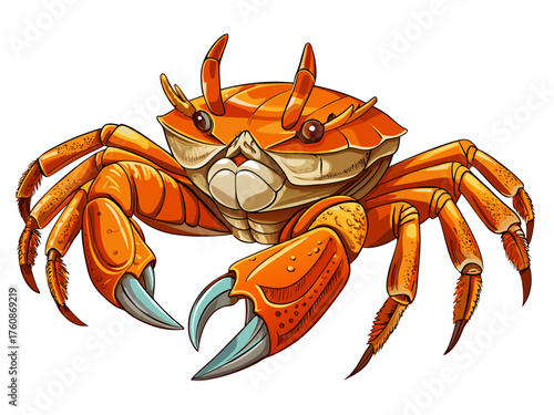 Realistic vector of crab walking sideways, bright orange shell, detailed claws, isolated on white background, marine wildlife art