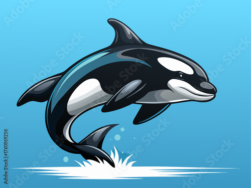 Realistic vector of killer whale (orca) jumping from ocean, black and white pattern, isolated on light blue background, marine wildlife art