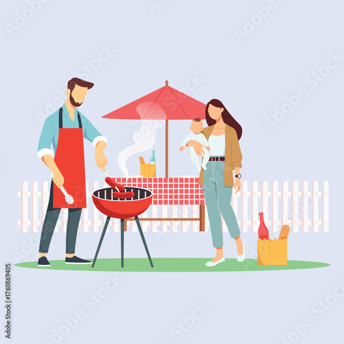 Family Enjoying Backyard Barbecue Picnic with Grilling