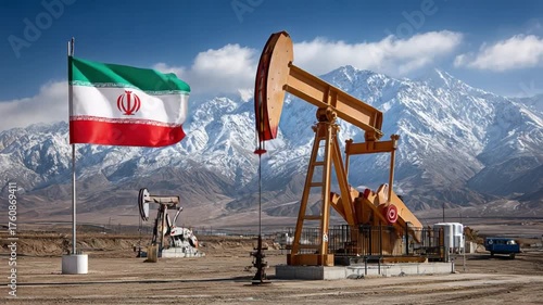 Oil pump and Iran Flag: A vivid depiction of Iranian oil pump operations, with a proud Iranian flag waving in the wind.