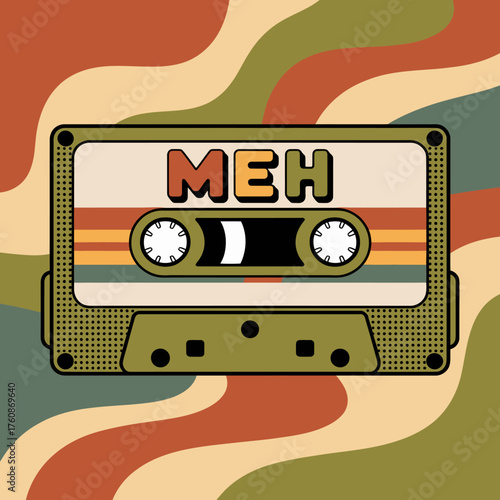 Retro cassette tape with meh label vintage 70s 80s aesthetic design with wavy brown green orange background vector