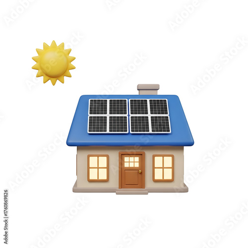 Solar Panel House Sun 3D Render Isolated On Transparent Background