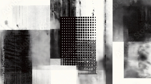 ノイズと幾何学パターンのモノクロ抽象背景