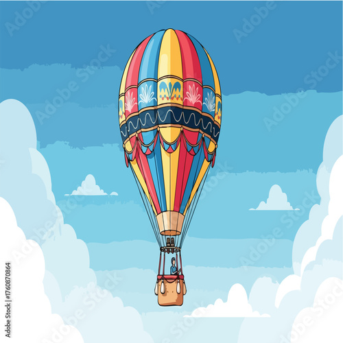 Soaring High: A colorful hot air balloon ascends majestically through a vibrant sky filled with fluffy clouds. Explore the beauty and tranquility of the open air.