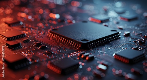 Close-up of a complex circuit board with glowing red and blue lights, futuristic technology concept.