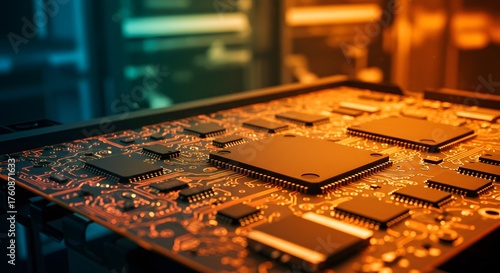 Close-up of a Computer Motherboard with Integrated Circuits and Processors, Electronic Technology