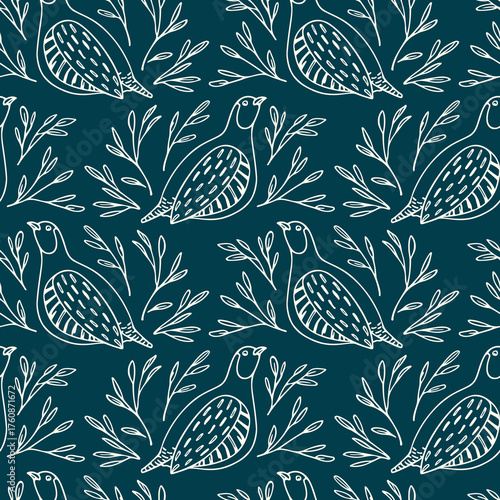 Vector seamless pattern with hand drawn cute Grey Partridges in floral wreath. Beautiful illustration, ink drawing. Perfect for prints and patterns