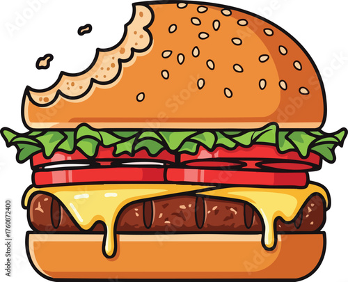 Burger Bite: A vibrant illustration captures the enticing essence of a burger, with a visible bite taken, showcasing its delicious layers and appetizing appeal.