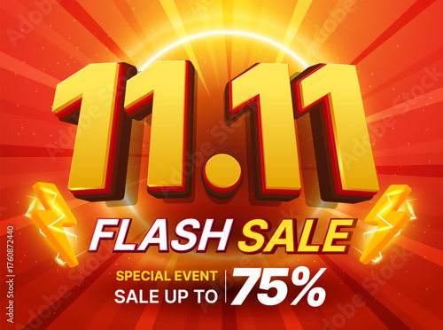 3d 11.11 flash sale banner template with November 11, thunder bolt icon, isolated on red background with light effect. Vector illustration