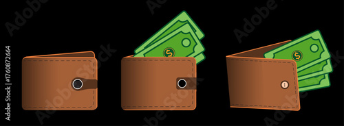 Wallet icon set with different style. Brown coloured purse symbol with cash. Currency notes in wallet for purchasing power. Vector illustration for account balance, savings. and expenses (Isolated)