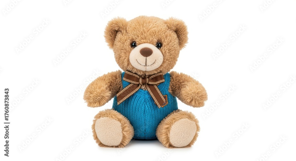 Fototapeta premium Cute Teddy Bear with Blue Overalls Isolated on White Background