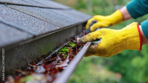 Gloved hand gutter roof leaves debris cleaning worker yellow glove rainwater maintenance