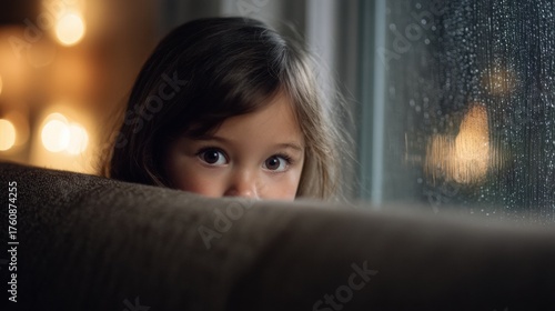 Curious child hiding behind couch near rainy window, warm indoor light softly glowing, intimate cozy mood, anxious expression