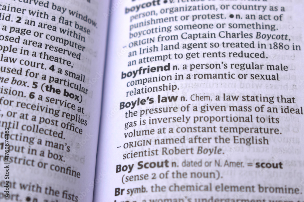 Obraz premium English Definition Dictionary Page Close Up Of Printed Word Of -Boyle's law