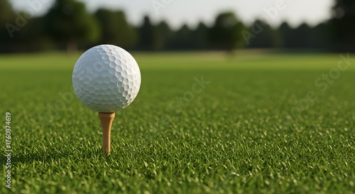 Close-up of a white golf ball resting on a wooden tee on a lush green golf course fairway.