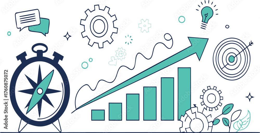 Fototapeta premium Business growth vector illustration with target compass and lightbulb idea