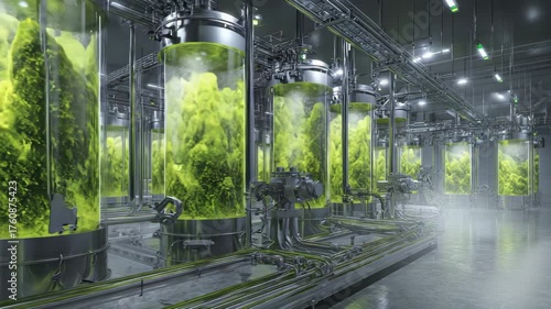 High-tech algae bioreactor array in emerald tones for sustainable use