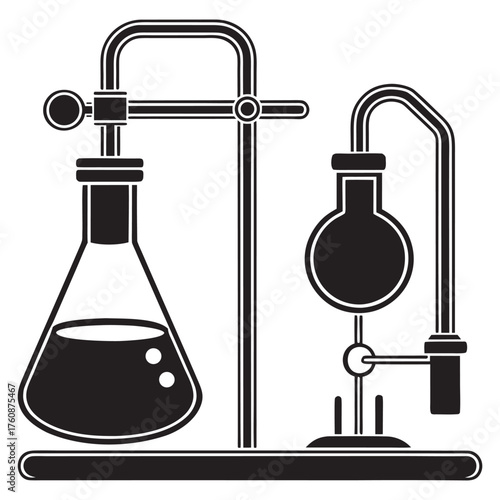 Illustration of a student chemistry distillation setup with condenser and heating apparatus