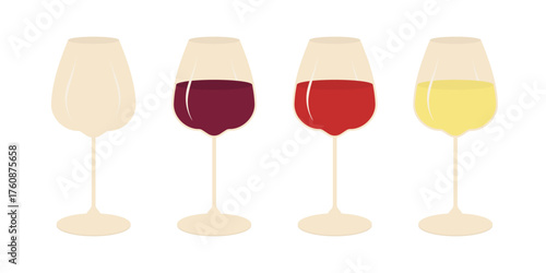 Wide Stemmed Wineglasses Empty with Red Wine Rose and White Sticker Icon Minimalist Flat Design idea