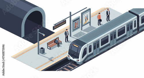 Isometric Illustration Of Modern Underground Train Station With Passengers