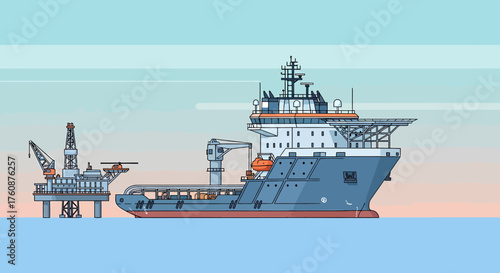 Offshore Oil Rig And Supply Vessel Illustration In Minimalist Style