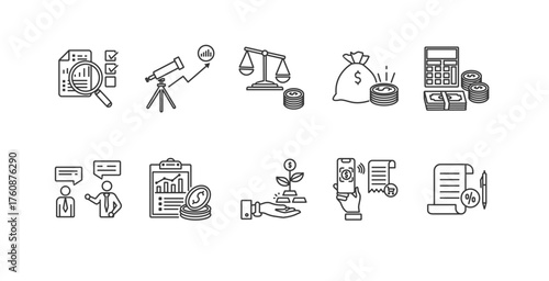  Accounting web icon set line symbol illustration concept for business and finance with audit, analysis, balance, budget, calculation, tax, payment, investment, profit, and advice icons
