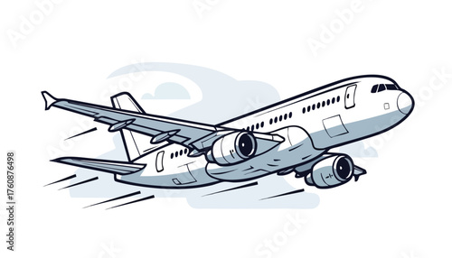 Soaring to New Heights: Capturing the spirit of travel and the marvel of engineering. A sleek, modern aircraft takes flight against a backdrop of wispy clouds, symbolizing freedom, adventure.