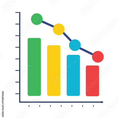 Business decline downtrend bar chart with connected data points illustrating falling trends vector
