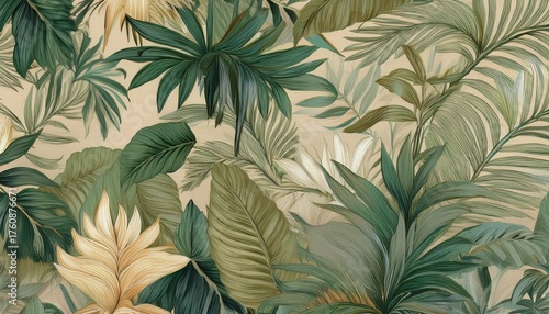 vintage tropical jungle pattern for seamless wallpaper fabric texture tapestry background green beige muted colors