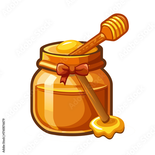 Scalable vector illustration of a honey jar with wooden dipper and dripping honey