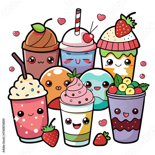 Adorable kawaii milkshakes and smoothies collection vector illustration fun sweet drinks