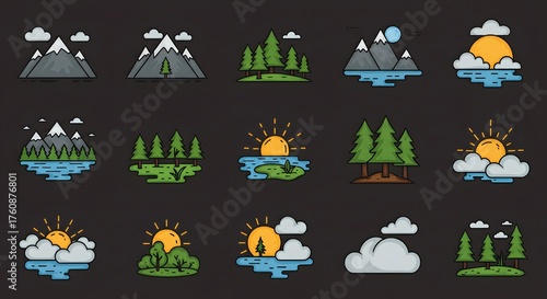 Collection of Flat Design Icons Representing Nature, Landscapes, and Weather Elements