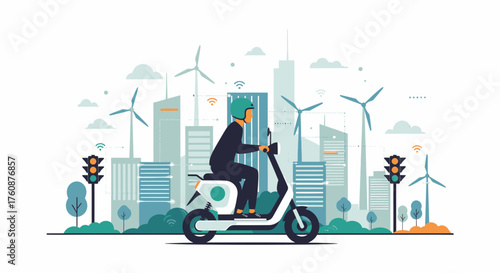 Sustainable Transportation Riding Electric Scooter In Urban Landscape