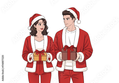 Couple in Santa Outfits Holding Gifts, Ready for Christmas Celebrations and Holiday Joy