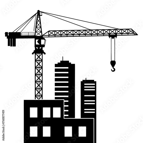 Construction Site Silhouette with Tower Crane and Modern Buildings Under Construction
