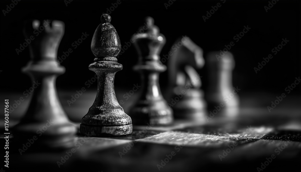 Fototapeta premium Chess Pieces Aligned In A Row On A Black And White Board. Game Of Chess Being Played On A Classic Black And White Surface.