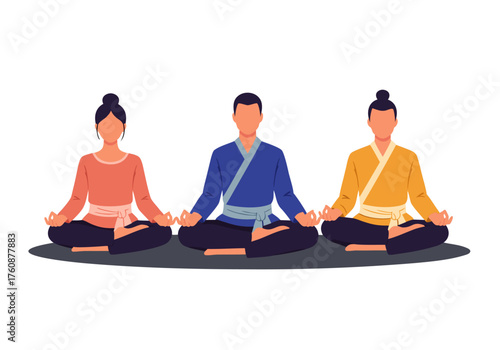 Three people meditating peacefully in a lotus position, practicing mindfulness and yoga for wellness