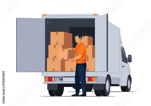 Man loading boxes into the back of a moving truck, logistic and delivery concept