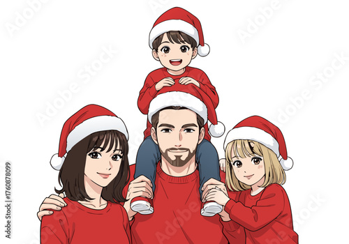 A joyful illustration of a family celebrating Christmas wearing red Santa hats and sweaters against a white background, capturing a festive holiday spirit and togetherness